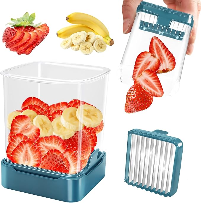 Fruit Slicer Cup for Strawberry, Banana, Hard-Boiled Egg - Detachable Cutter with Push Plate - Rapid & Safe Slicing Kitchen Gadget for Quick Meal Prep, Blackish green
