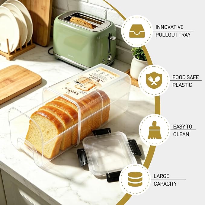 Plastic Bread Box Container with Pull Out Tray for Kitchen 1 Pack | Homemade Loaves and Baked Goods Breads Storage with Airtight Lid BPA Free