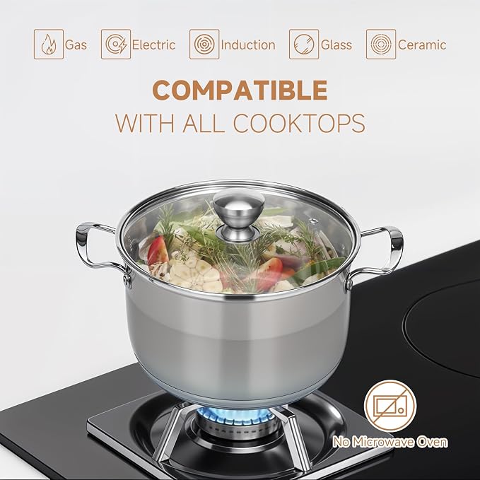Ohtomber Stainless Steel 8 Quart Induction Stock Pot with Lid | Thick Base Cookware, Heavy Duty, Induction Ready, Ideal for Soup Pasta Stew Simmering Boiling & Canning, Deep Cooking Pot