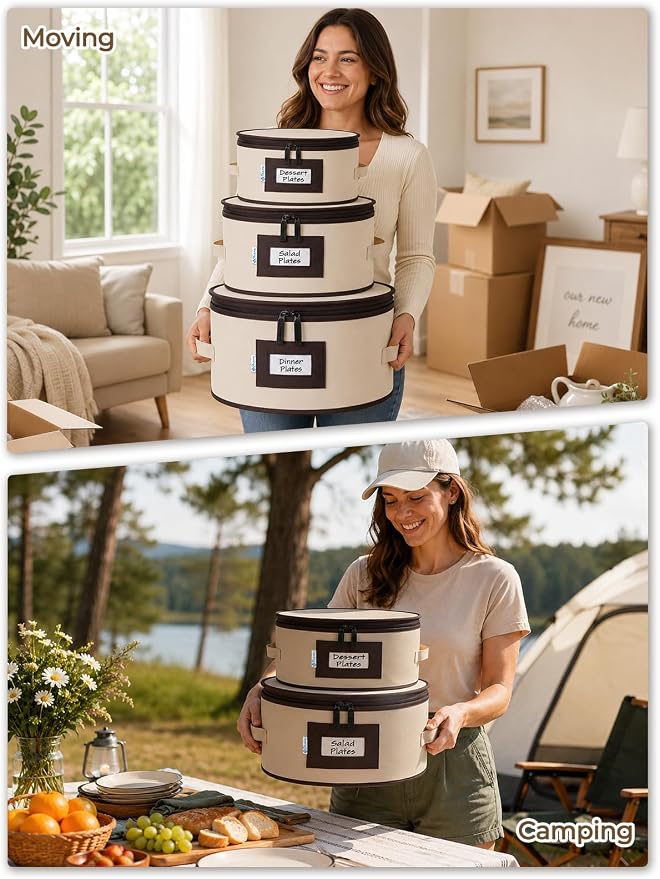 China Storage Containers, 4-Pack Hard Shell Plate & Dish Cases for Moving | Padded dividers and quilted lining protect plates and dishes; stackable for moving and holiday storage, beige hold set of 12