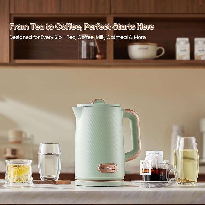 OLEGA Electric Tea Kettle: 1200W Fast Boil Electric Water Kettles 1.5L | Stainless Steel Kettle; Large Electric Water Kettle; Plastic Free Teapot; Auto Shut-Off Water Boiler; Fast Boil Kettles