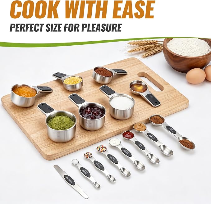 Magnetic Measuring Cups & Spoons Set of 15 | BPA Free,Heavy Duty 304 Stainless Steel,Strong N52 Magnets,Dishwasher Safe with Leveler for Baking and Cooking
