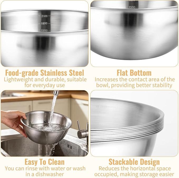 12 Pcs Stainless Steel Mixing Bowls with Graduations, Reusable Metal Mixing Bowls, Stackable Baking Food Storage Containers for Salads, Snacks, Noodles & Meal Prep