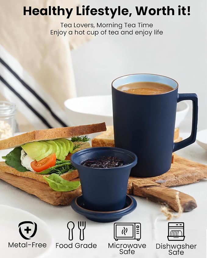 15 oz Ceramic Tea Infuser Cup with Lid - Tea Mug with All Porcelain Strainer for Loose Leaf Teas,Microwave and Dishwasher Safe,Metal-Free,BPA-Free for Tea Lovers/Birthday (Blue)