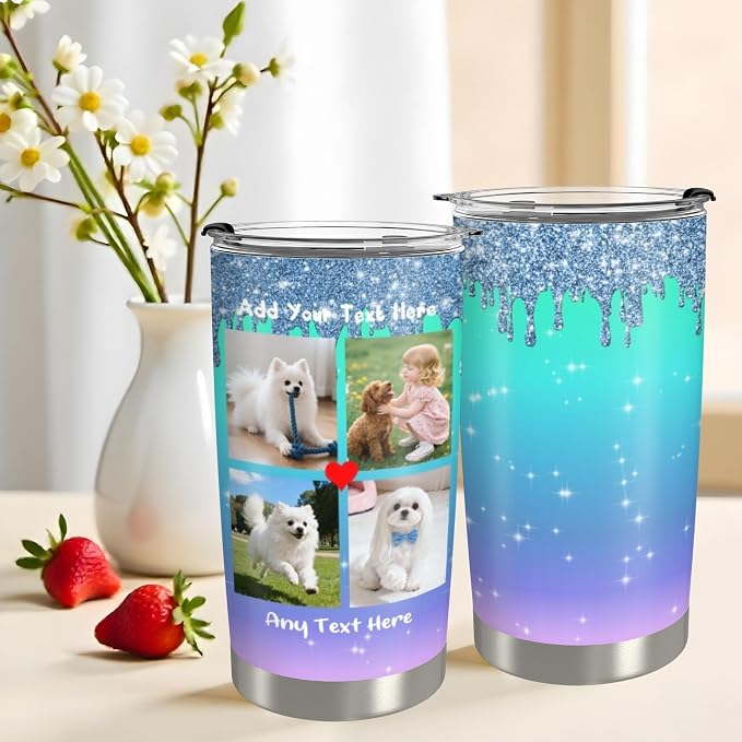 Personalized Tumbler Custom Vacuum Insulated Travel Mug Customizable Coffee Cup with Your Photos and Text Christmas Birthday Gift (4 Photos+Text)