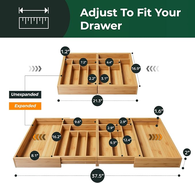 Large Silverware Organizer, 13 Slots Magnetic Connected Expandable Bamboo Utensil Drawer Organizer From 21 to 37.4 Inches, Adjustable Flatware and Cutlery Holder, Utensil Tray for Kitchen Natural