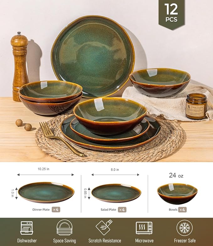 GBHOME Stoneware Dinnerware Sets for 4,12 Piece Rustic Plates and Bowls Set | Earthenware Handmade Reactive Glaze Plate Sets, Chip Resistant Ceramic Dishes, Microwave & Dishwasher Safe, Olive Maroon