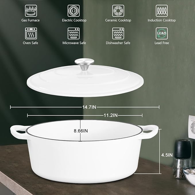 5QT Oval Dutch Oven Pot with Lid, Leonyo 5 Quart Enameled Oval Cast Iron Dutch Oven for Sourdough Bread Breaking, Heavy Duty Cookware for Braising, Stews, Roasting, White