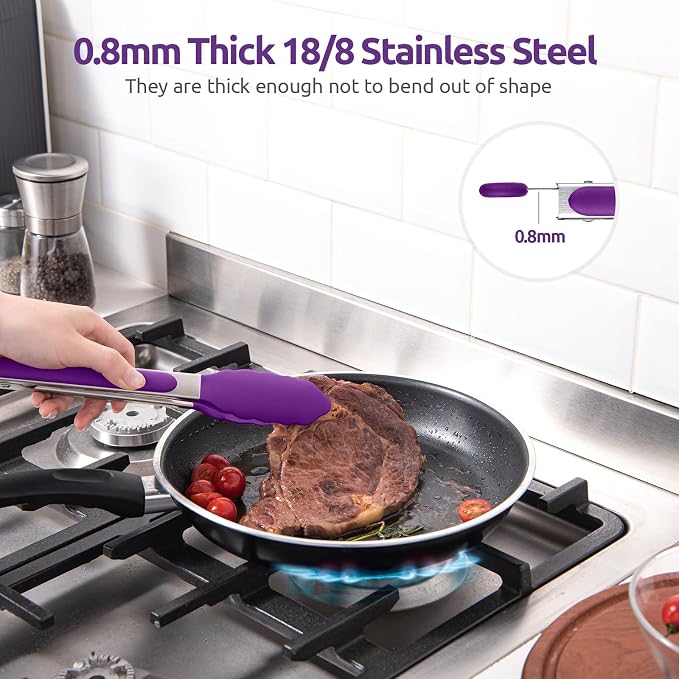 U-Taste Kitchen Tong for Cooking, 600ºF Heat-Resistant Tps, 9in/Purple | Rubber Tong for Serving Food, Salad/Grill/BBQ/Steak/Pasta Silicon Tongs, 18/8 Stainless Steel Handle & Smooth Locking