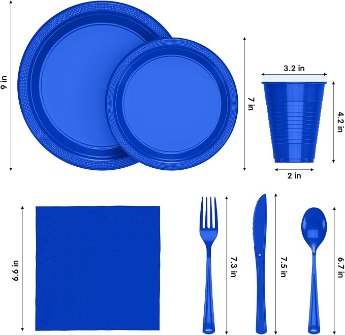 350 Pcs Dark Blue Plastic Plates For Party, Dark Blue Disposable Plates Set, 50 Of Each 9" Dinner Plate Set, 7" Dessert Plate, Cups, Napkins & Cutlery Plastic Dinnerware Set Exquisite