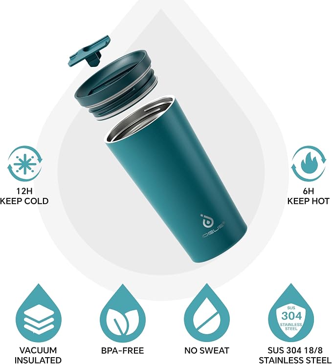 Ideus 17 oz Travel Coffee Mug, Double Wall Vacuum Stainless Steel Insulated Coffee Tumbler With Lid, Splash-Proof & Cup Holder Friendly, Keeps Drinks Hot/Cold, Dishwasher Safe, Peacock Blue