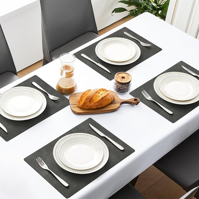 MOSAYT Vinyl Placemats Set of 4-12 X 17 Inch - Faux Leather 100% Waterproof Oil-Proof Wipeable PU Place Mats, Heat Resistant Reversible Table Mats for Kitchen, Dining, Outdoor, Dark Grey