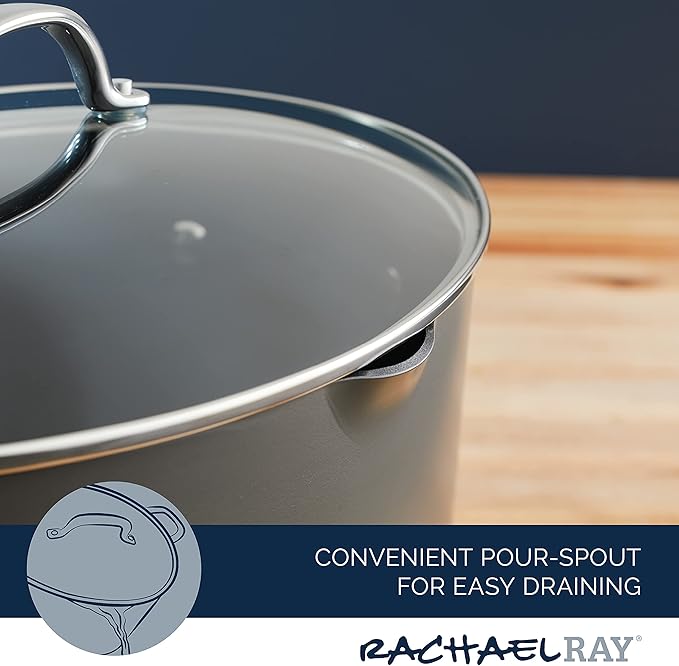 Rachael Ray Cookware, Professional Hard Anodized Nonstick Cookware Oval Pasta Stockpot and Braiser, 8-Quart, Gray