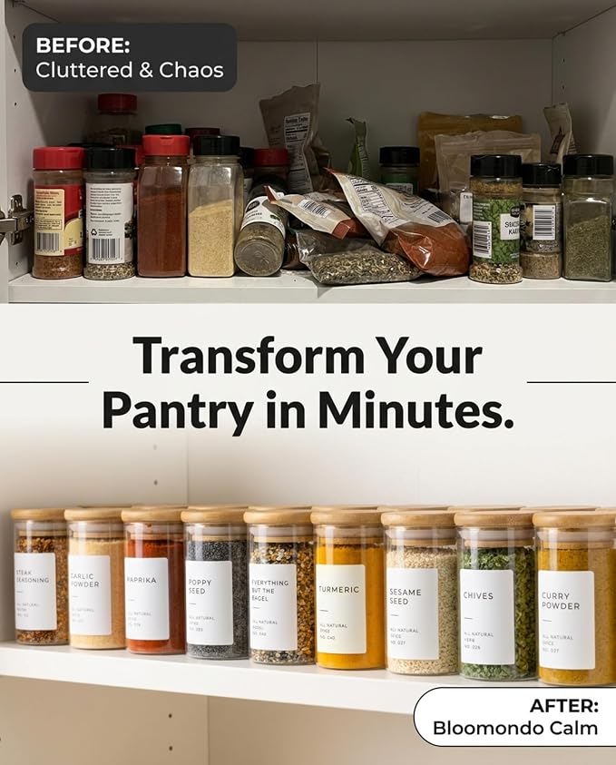 Glass Spice Jars with Label Pack (12x Bamboo Lid Glass Jar) Small 6oz Empty Spice Storage Bottles with 112 Printed Stickers and 48 Writable Pantry Labels for Seasoning Containers