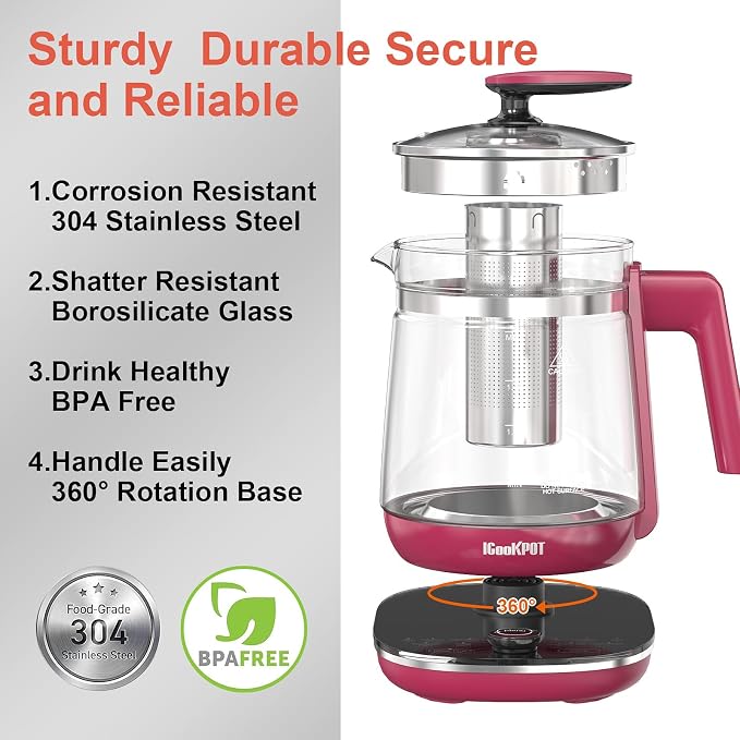 1200w Electric Kettle, 1.5L Borosilicate Glass tea kettle, Hot water kettle electric for Coffee or Tea, BPA Free, Auto Shut-Off, Stainless Steel, Fast Boil, Red