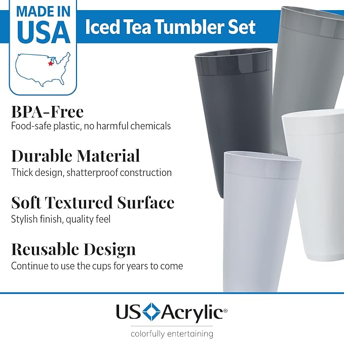 US Acrylic Newport 32 ounce Unbreakable Plastic Stackable Iced-Tea Tumblers in Grey Stone | Set of 12 Drinking Cups | Reusable, BPA-free, Made in the USA, Top-rack Dishwasher and Microwave Safe