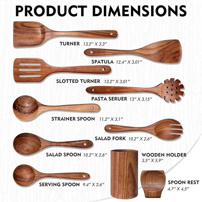 Wooden Spoons for Cooking 10 Pieces Set, Kitchen Utensils Spatula, Wooden Cooking Utensils Spoons, with Spoon Rest, Strainer Spoon, Pasta server, Fried Spatula and Salad Fork, Utensil Holder