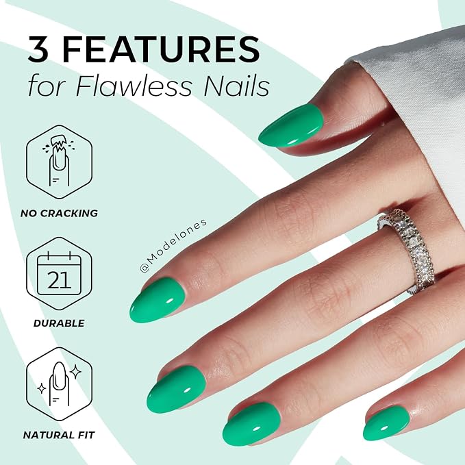 modelones Bright Green Short Press on Nails, Oval Fake Nails Kit | Press Ons with Nail Glue, Adhesive Tabs, Nail File, Prep Pad, Manicure Stick, 32Pcs 16 Sizes, Summer Women Girl Gift