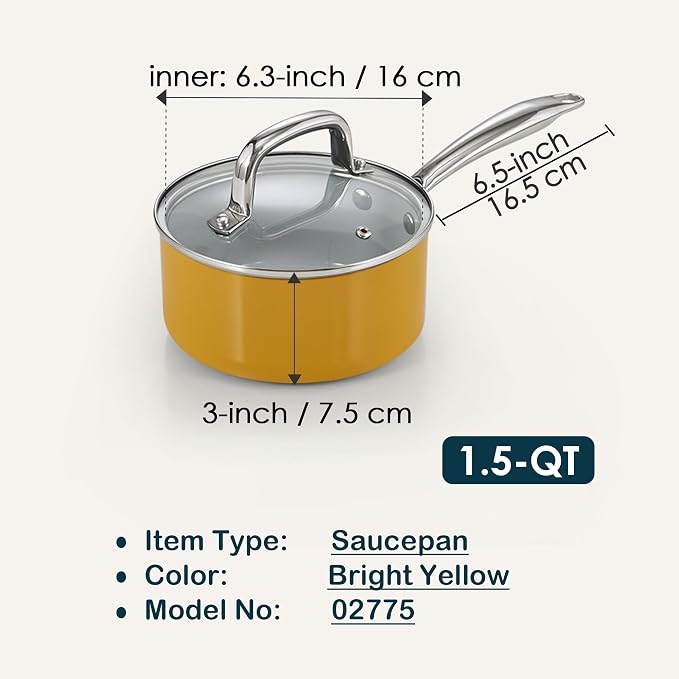 Cook N Home Classic 1.5 Quart Ceramic Nonstick Saucepan with Glass Lid, Everyday Milk Soup Oatmeal Cooking Pan, Non Stick Small Sauce Pan Pot, Stay-Cool Handle, Induction Ready, Yellow