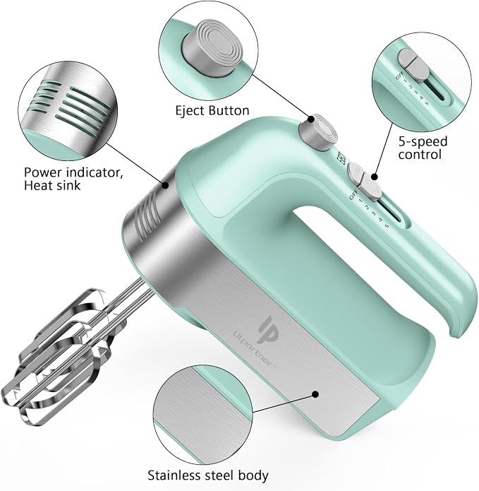 Hand Mixer Electric, 450W Kitchen Mixers with Scale Cup Storage Case, Turbo Boost/Self-Control Speed + 5 Speed + Eject Button + 5 Stainless Steel Accessories, For Easy Whipping Dough, Cream, Green