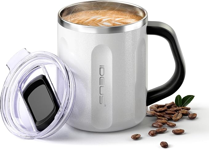 Ideus 16 oz Insulated Coffee Mug with Handle and Lid, Double Wall Stainless Steel Vacuum Thermal Coffee Mug, Travel Coffee Cup Thermal Cup for Home and Office, Snow White-FUJI FLOW