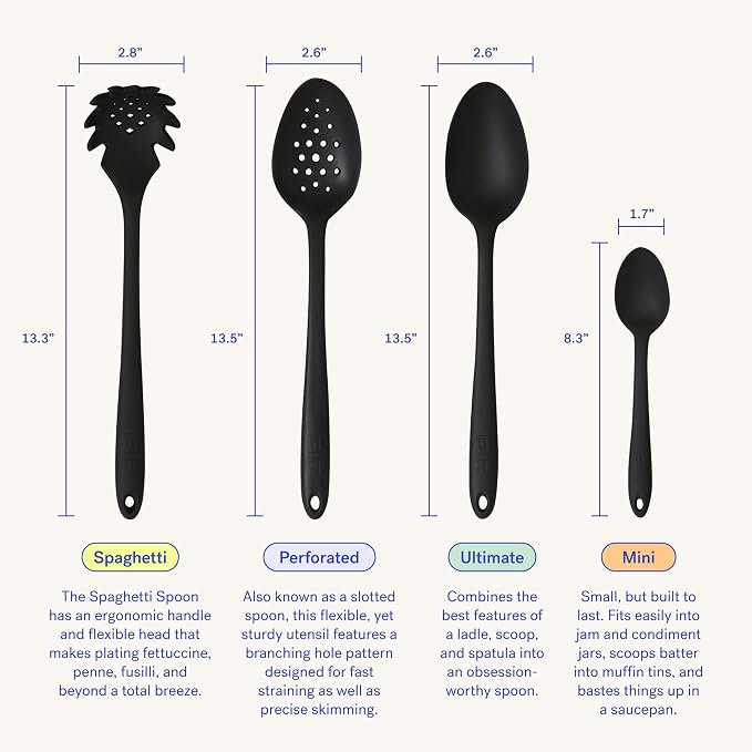 GIR: Get It Right Silicone Spoon, High Heat Resistant Kitchen Tool - Non toxic cooking utensils for Nonstick Cookware, Cooking, Strainer, and Serving, Spaghetti - 13 IN, Black