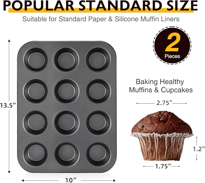 Muffin Pan for Baking, Nonstick Cupcake Tin 12 Cup, 2 Pack Cup Cake Tray, Premium Cheesecake Pans, Dishwasher Safe - Dark Grey
