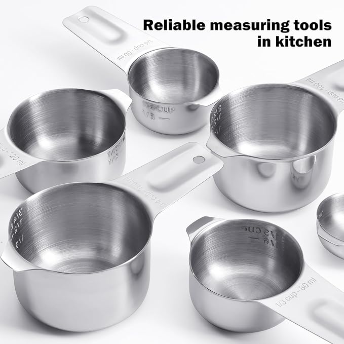 Measuring Cups Set, 7PCS Stainless Steel Engraved Markings Kitchen | 304 food-grade steel, dual-scale markings, one-piece construction, nesting storage, dishwasher safe, dry & liquid ingredients