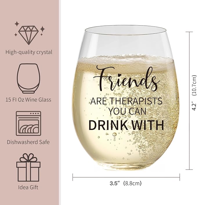 Birthday Gifts for Women Friendship 15 oz Wine Glasses, Dishwasher Safe | “Friends Are Therapists You Can Drink With” – Scratch-Resistant Wine Glass, Best Friend Birthday Gifts for Women (Black)