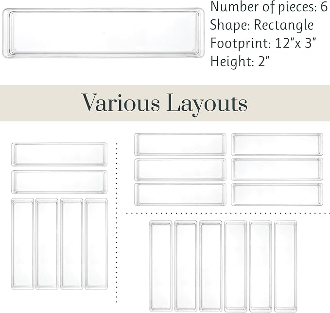 STORi SimpleSort 6-Piece Stackable Clear Drawer Organizer Set | 12" x 3" x 2" Rectangle Trays | Narrow Makeup Vanity Storage Bins and Office Desk Drawer Dividers | Made in USA