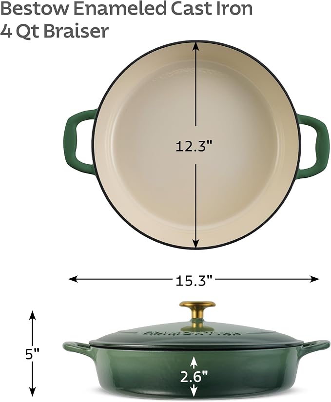 Tramontina Bestow Enameled Cast Iron 4-Qt Braiser Pan with Lid, Cactus | Oven-to-Table Casserole Dish, Great for Shallow Braises & Simmers