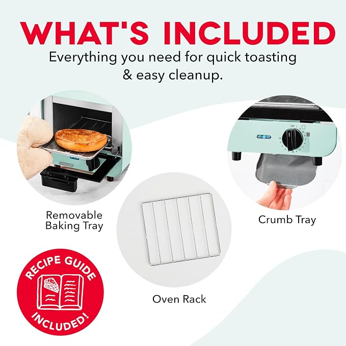 Dash Mini Toaster Oven | Small Toaster Oven for Dorms, Apartments, & Small Kitchens, Adjustable Timer Dial with Auto Shutoff, Removable Cooking Tray & Crumb Catch, Aqua