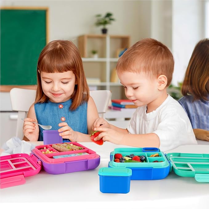 Caperci Bento Box for Kids Age 4-8 - 4.8 Cups Lunch Box with 2 Modular Containers - 4 Compartments Lunch Container, Leak-Proof, Portable Handle, Microwave/Dishwasher Safe (Jungle Green/Blue)