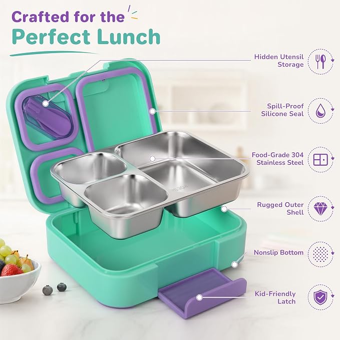Bento Lunch Box for Kids, 3 Compartment 304 Stainless Steel Food Container with Handle & Spork, Kids Lunch Box Fits Ice Pack, BPA-Free, Green