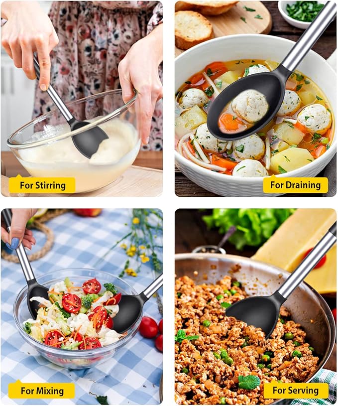 BUNDLEPRO Silicone Cooking Spoons for Non Stick Cookware, 2 Pack, Black | Heat Resistant, Large Kitchen Spoons for Mixing, Serving, Draining, Stirring