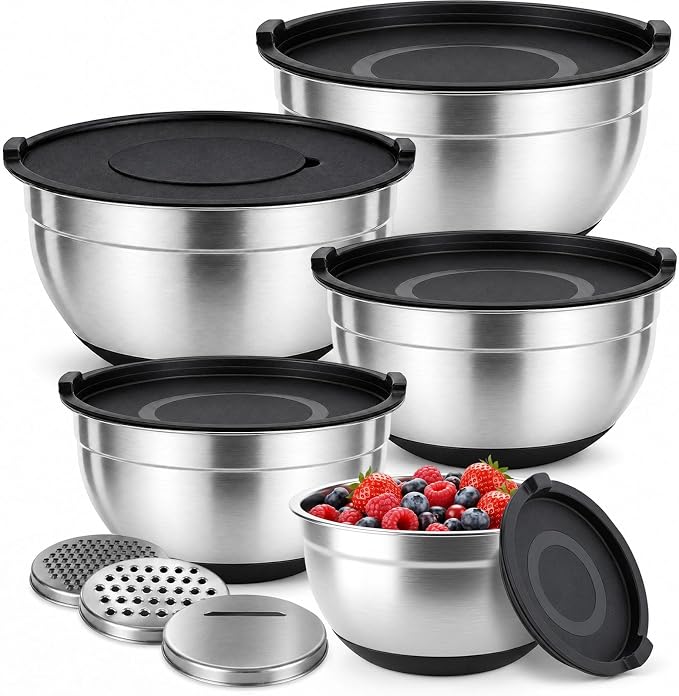 Stainless Steel Mixing Bowls with Lids Set Nesting Metal Prep | 201 steel bodies silicone non-slip base seperate lids 3 grater slicer blades for baking meal prep salads and marinating
