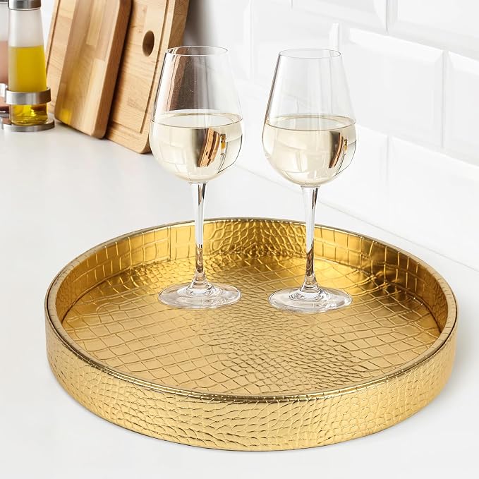 HofferRuffer Faux Leather Round Serving Tray, Vegan Croco Leather Decorative Tray, Food Tray for Storage Drinks, Snack & Cosmetics, Dia.12'' x 1.6'' (Gold)