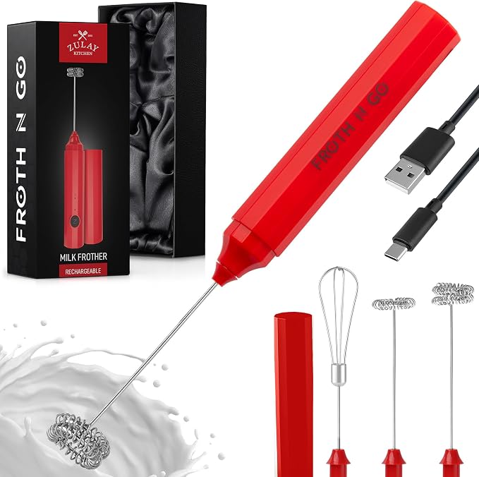 Zulay Froth N Go Milk Frother – Rechargeable 3-in-1 Handheld Frother Wand with Travel Case & USB-C Charger – Single, Double & Egg Whisk for Latte, Cappuccino, Matcha, Protein Shakes - Ember Red
