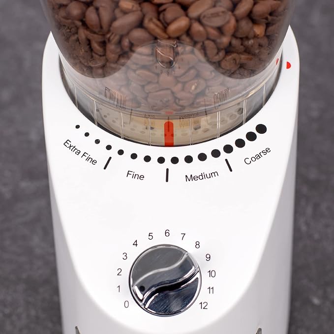 Capresso Infinity Plus Conical Burr Grinder, White | Commercial-grade steel burrs, 16 settings, low-speed gear motor