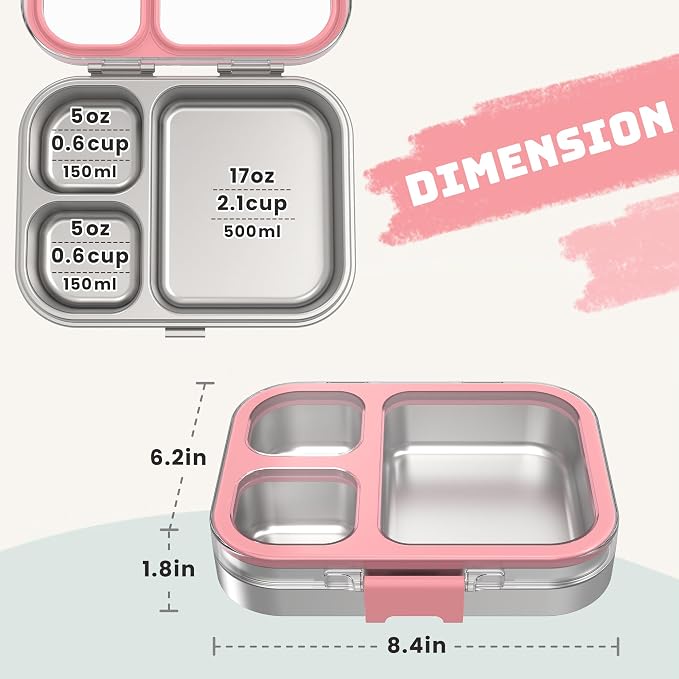 LOHASOK Stainless Steel Bento Lunch Box, 800ml, Pink | 3-Compartment, Leak Proof, Lightweight, Clear Plastic Lid, for Kids Adults, BPA/BPS Free, Dishwasher Safe