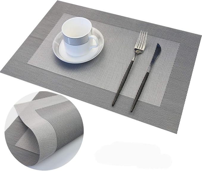 PIGCHCY Modern Elegant Placemats Set of 6 and Table Runner Washable Vinyl Placemats Non-Slip Durable Table mats Sets (6 Placemats+1 Table Runner, Silver)