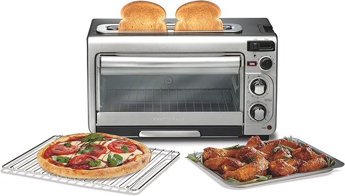Hamilton Beach 2-in-1 Countertop Toaster Oven and Long Slot 2 Slice Toaster | Bake, Broil Toast | 2 Rack Positions | 60 Minute Timer | Automatic Shut Off | Shade Selector | Stainless Steel | 31156J