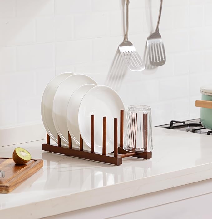 HBlife 4 Packs Teak Wooden Dish Drying Rack Kitchen Plate Organizer Holder | 6 Slots, Vertical Dish Racks for Cabinet Countertop & Wall, Plate Pot Lid Cutting Board Holder, Bowl Cup Drainer, Keep Dry