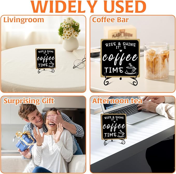 2Pcs Coffee Bar Sign Decorations, Black and White Coffee Sign Decor with Iron Stand Wooden Coffee Bar Decor Tabletop Shelf Accessories, Coffee Decorations for Coffee Bar Coffee Station Home Farmhouse