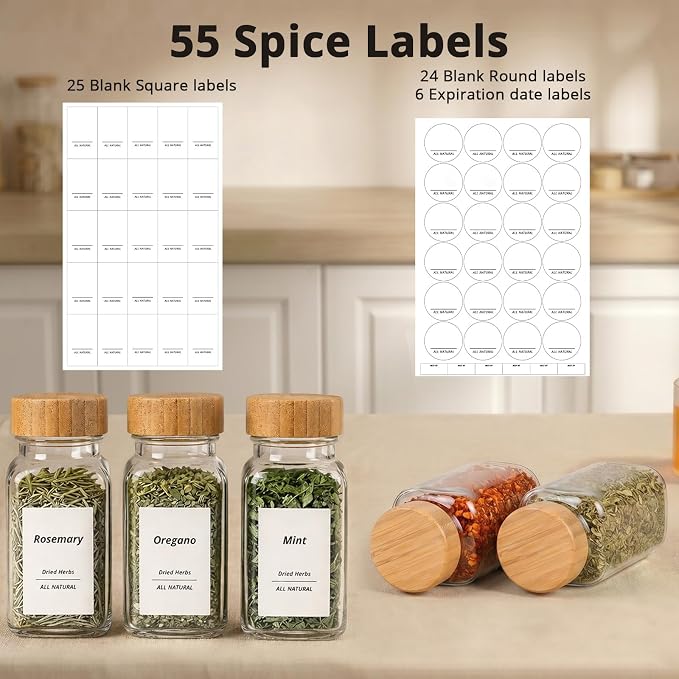 SHOWIN Spice Jars with Label, 6oz Spice Containers with Bamboo Lids 6pcs, Glass Spice Jars with Lids, Square Seasoning Containers for Rack, Cabinet, Drawer, Home Kitchen Seasoning Organizer