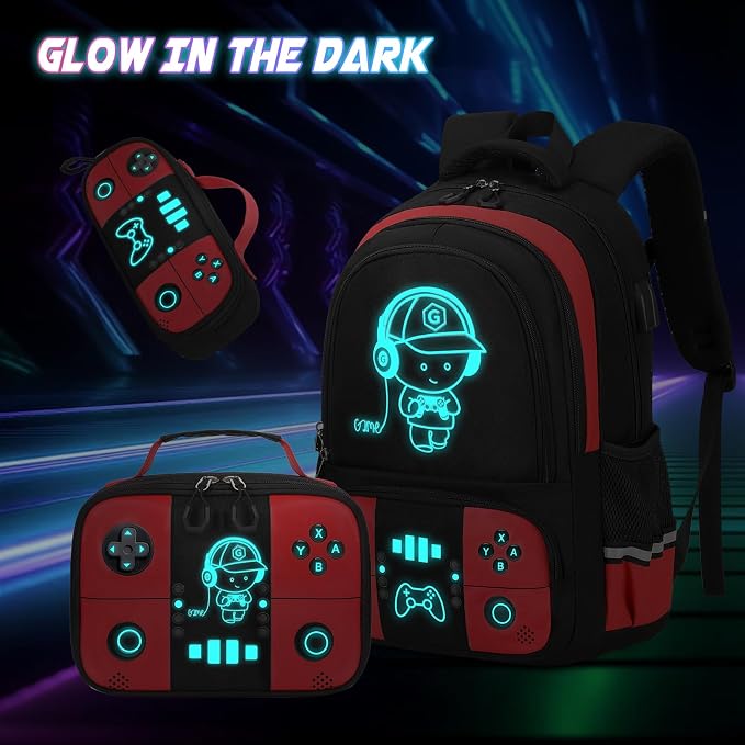 Backpack for School Boys, Cool Luminous Gamer Boys Schoolbag | with Lunch Box & Pencil Case Set for Kids Teens Elementary Middle School, Bookbag Glow In The Dark