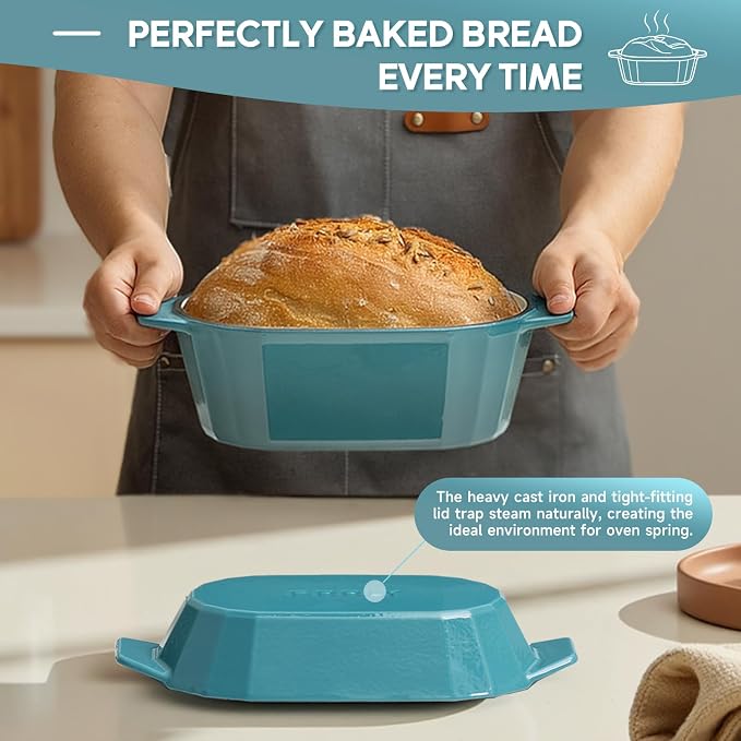 Enameled Cast Iron Sourdough Bread Oven – Dutch Oven for Sourdough, Oval Cast Iron Bread Pan with Lid，Loaf Cast Iron Dutch Oven for Baking (3.3QT-Blue）