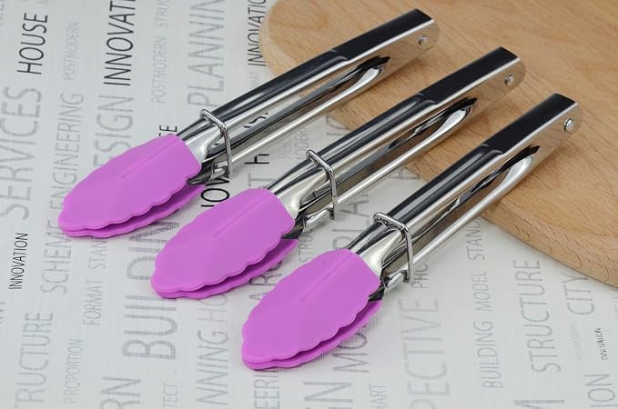 HINMAY 7-Inch Stainless Steel Tongs with Silicone Tips, Set of 3 (Purple) | 7-Inch Locking Metal Food Tongs