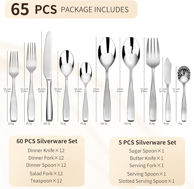 65-Piece 18/10 Stainless Steel Flatware Set for 12, Heavy Duty Silverware Set, Flatware Set with Serving Utensil, High End Mirror Polish and Satin Handle, Dishwasher Safe, Ideal for Gift