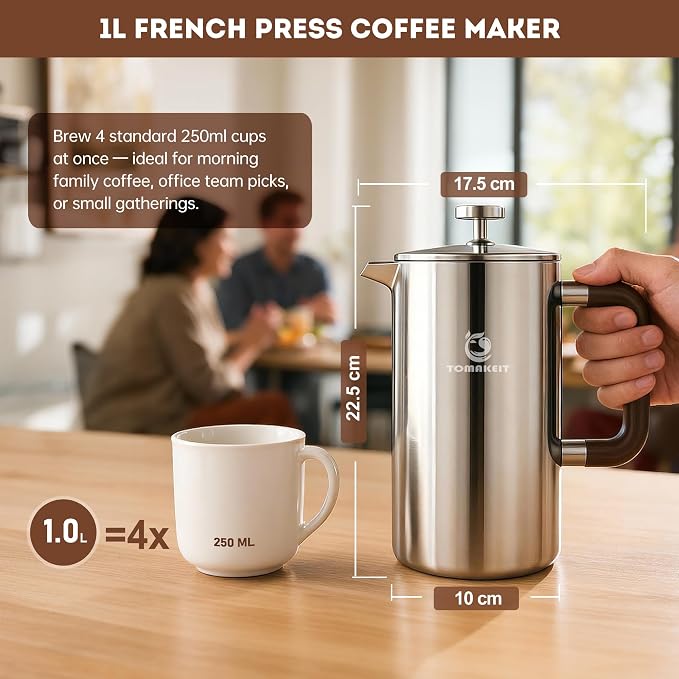 TOMAKEIT 1L/34 Oz French Press Coffee Maker,304 Stainless Steel Coffee Press,Durable & Easy Clean,Leak-Proof Design,Prensa Francesa Para Cafe for Home,Office,Camping (Silver-Upgrade)